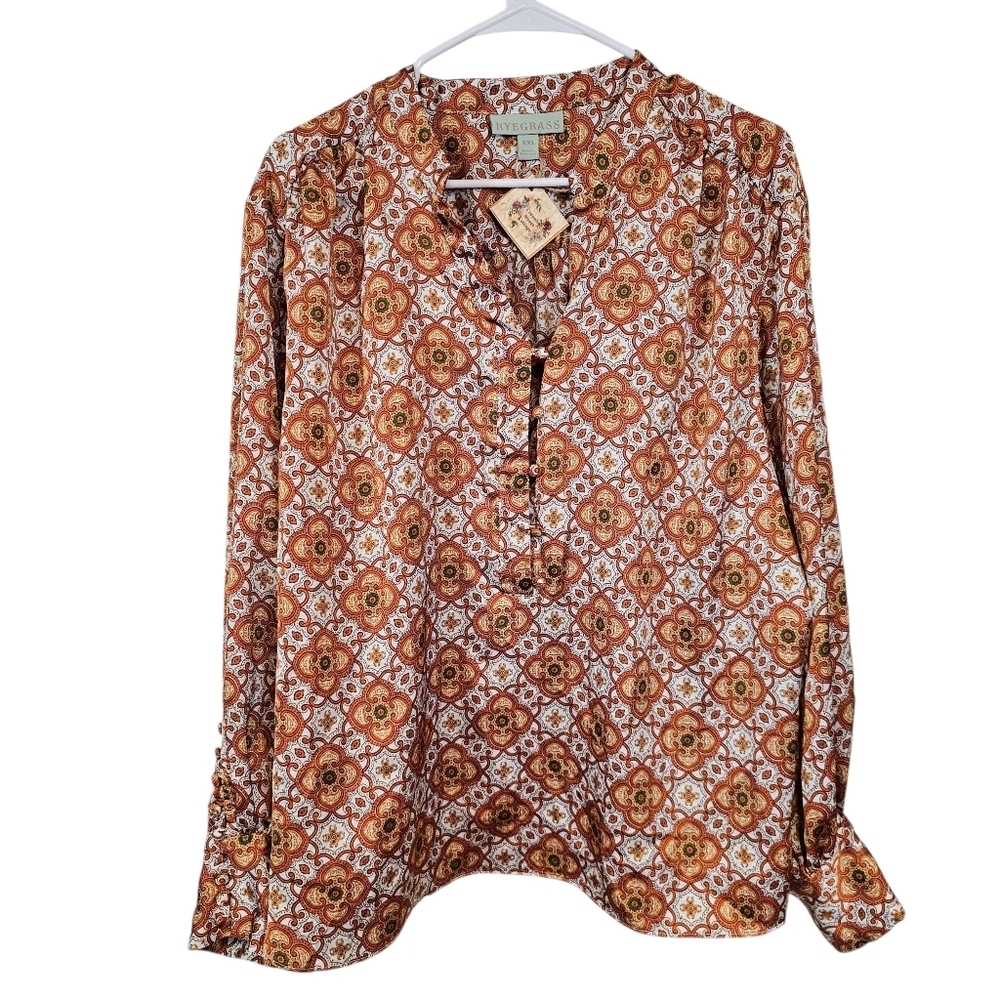 Ryegrass Flowy Printed Satin Shiny Bohemian Blouse Plus Size